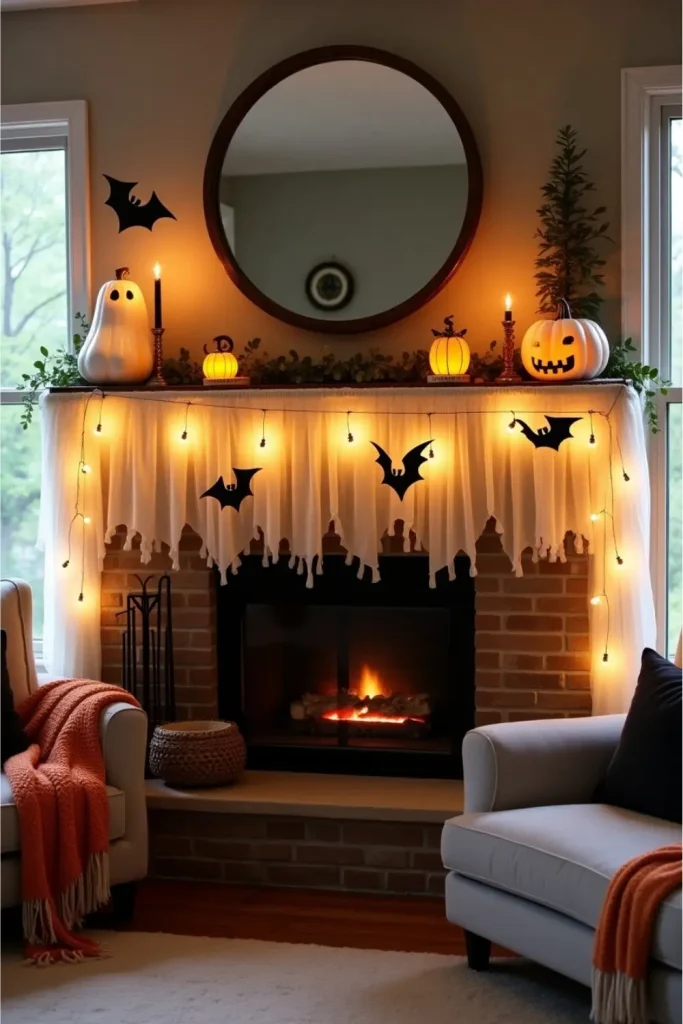 DIY ghostly garland on rustic mantel with pumpkins, bats, and cozy Halloween living room decor.