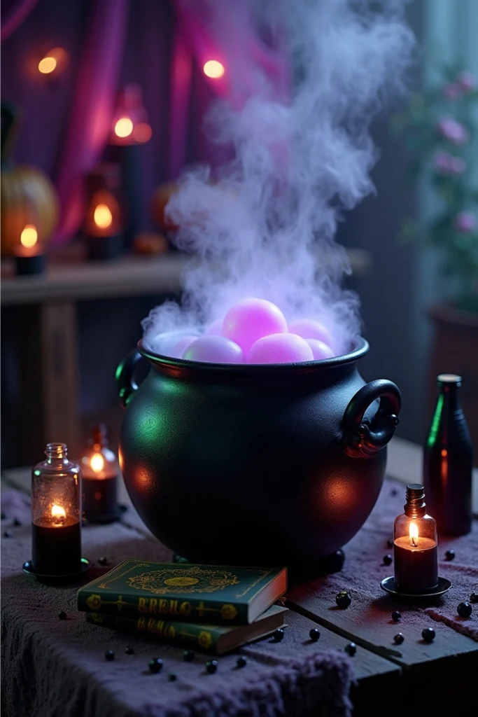 Black witch cauldron with glowing orbs and fog from dry ice, surrounded by candles and potion props.