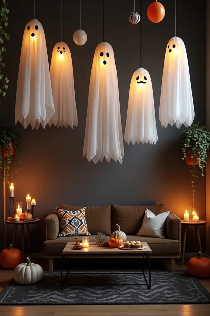 Floating cheesecloth ghosts hang from ceiling above warm, cozy Halloween party setup with candles.