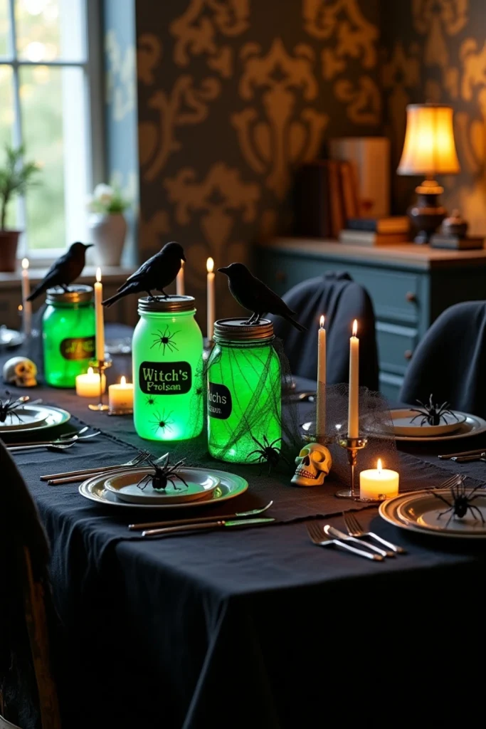 Halloween table with glowing green potion jars, cobwebs, and candlelight for a witchy party vibe.