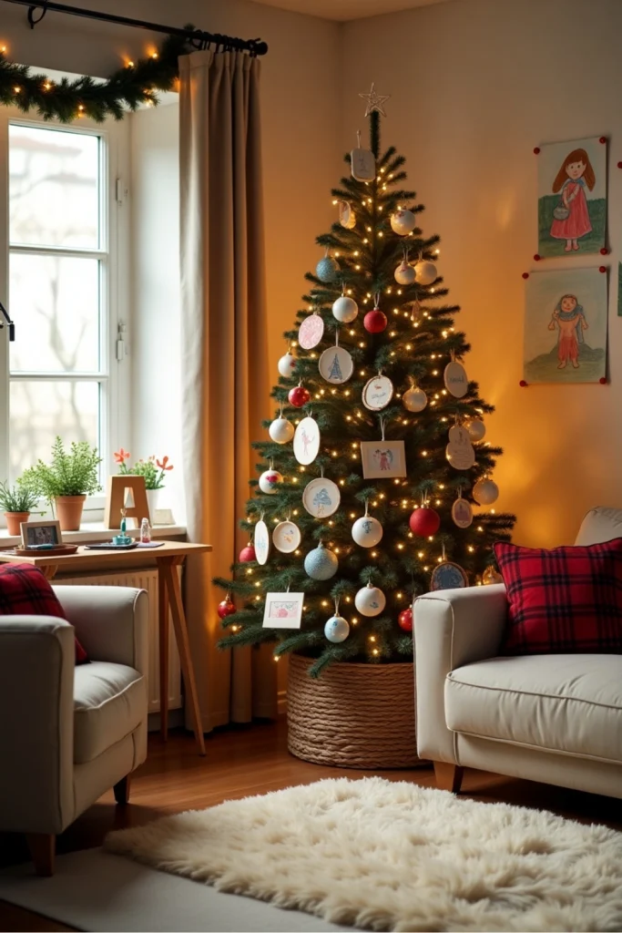 Handmade ornament Christmas tree with family photos and kids’ art in cozy, warmly lit living room