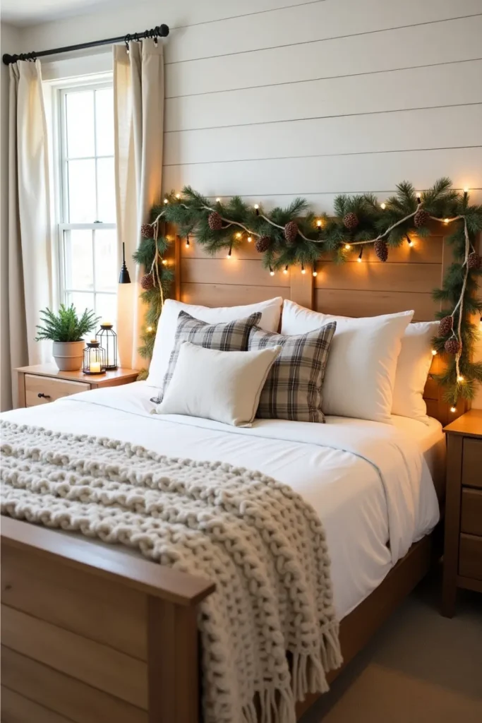 Rustic Christmas bedroom with pinecone garland, ivory bedding, flannel pillows, and warm fairy lights.