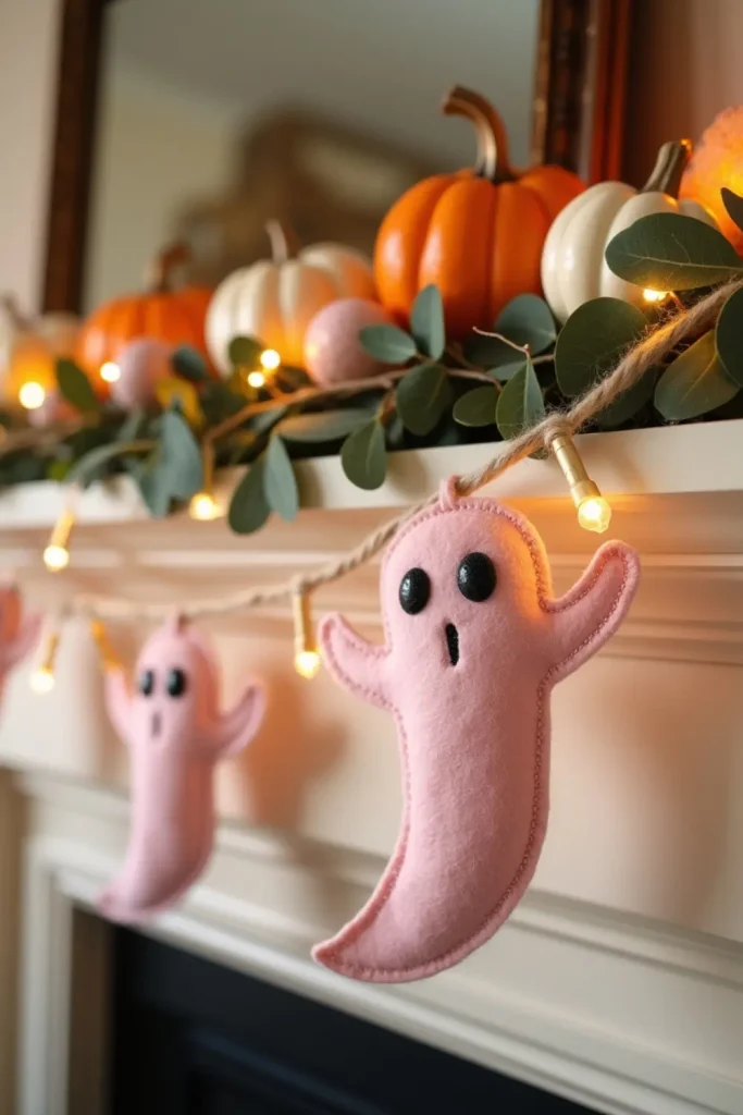 Pastel pink ghost garland with fairy lights over a white mantel, paired with pastel pumpkins and gold accents.