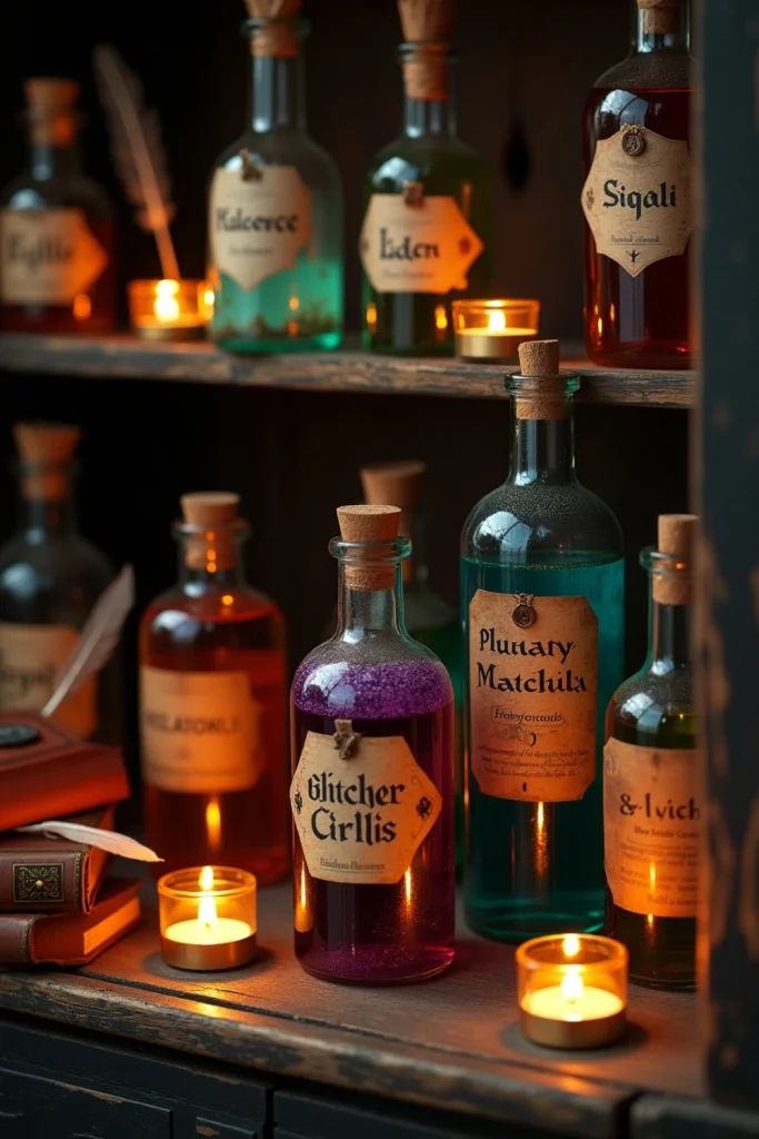 "Vintage potion bottles with colorful liquids, spooky labels, candles, and a magical Halloween vibe."