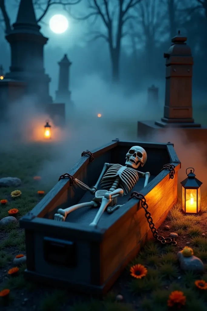 Weathered coffin with skeleton rising, fog swirling, rusty chains, and eerie lantern-lit yard.