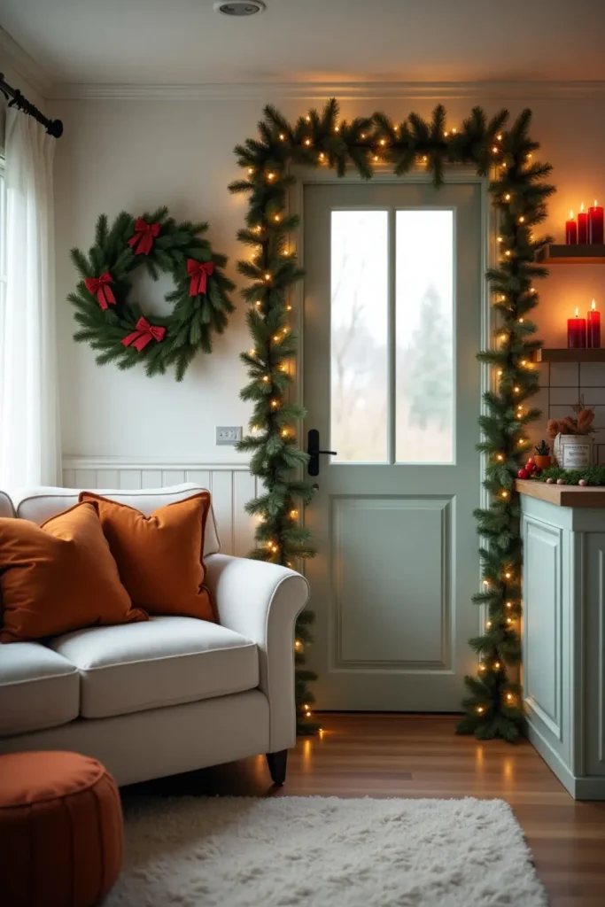 Mobile home Christmas décor with wall wreath, vertical garland, and warm glow from candles.
