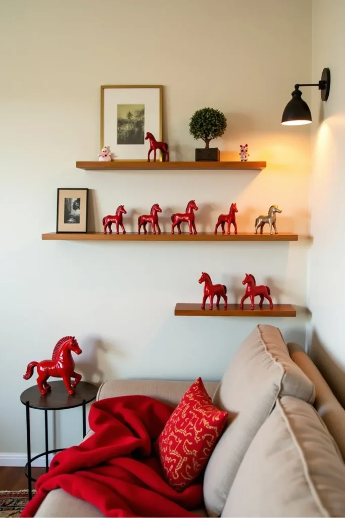 Red and gold horse figurines with handmade crafts displayed on shelves for 2026 Year of the Fire Horse decor.