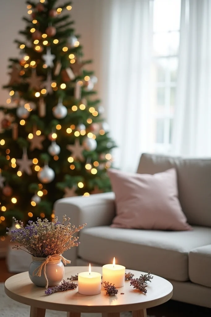 “Christmas tree decorated with delicate dried herb and flower ornaments glowing with warm fairy lights.”