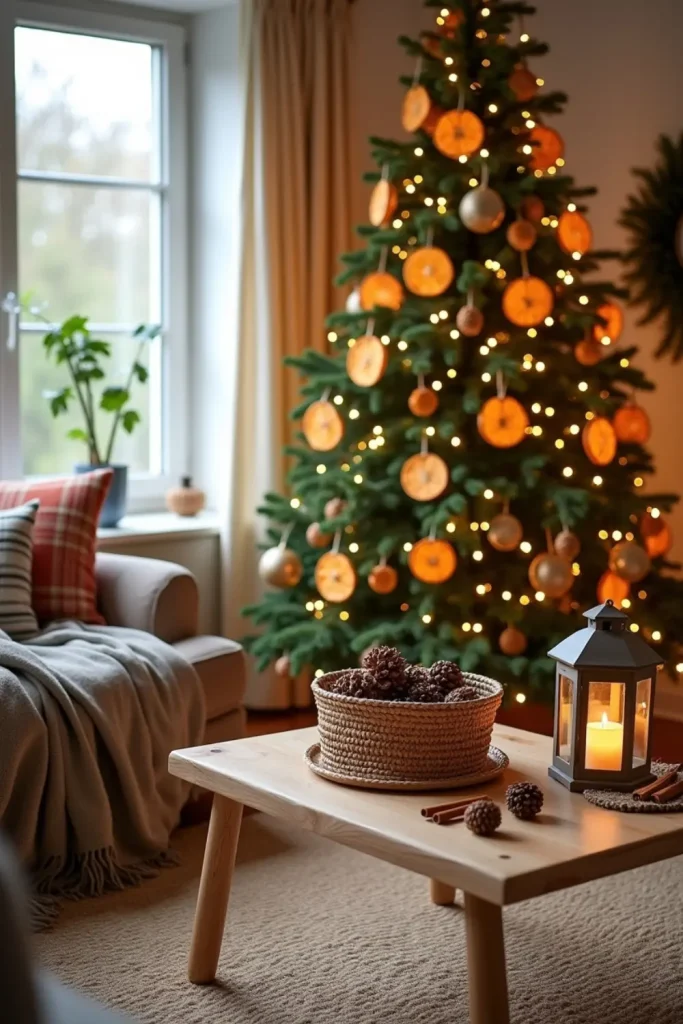 “Rustic Christmas tree with glowing dried orange slice ornaments and warm fairy lights in cozy living room.”