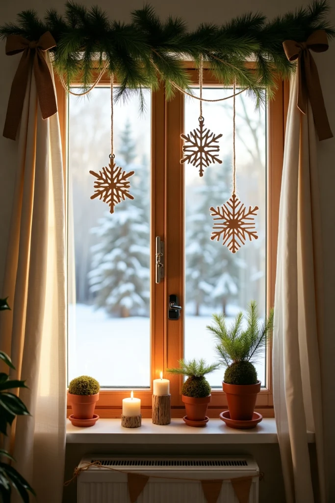 Eco-friendly Christmas window with pine branches, paper snowflakes, solar candles, and burlap accents.