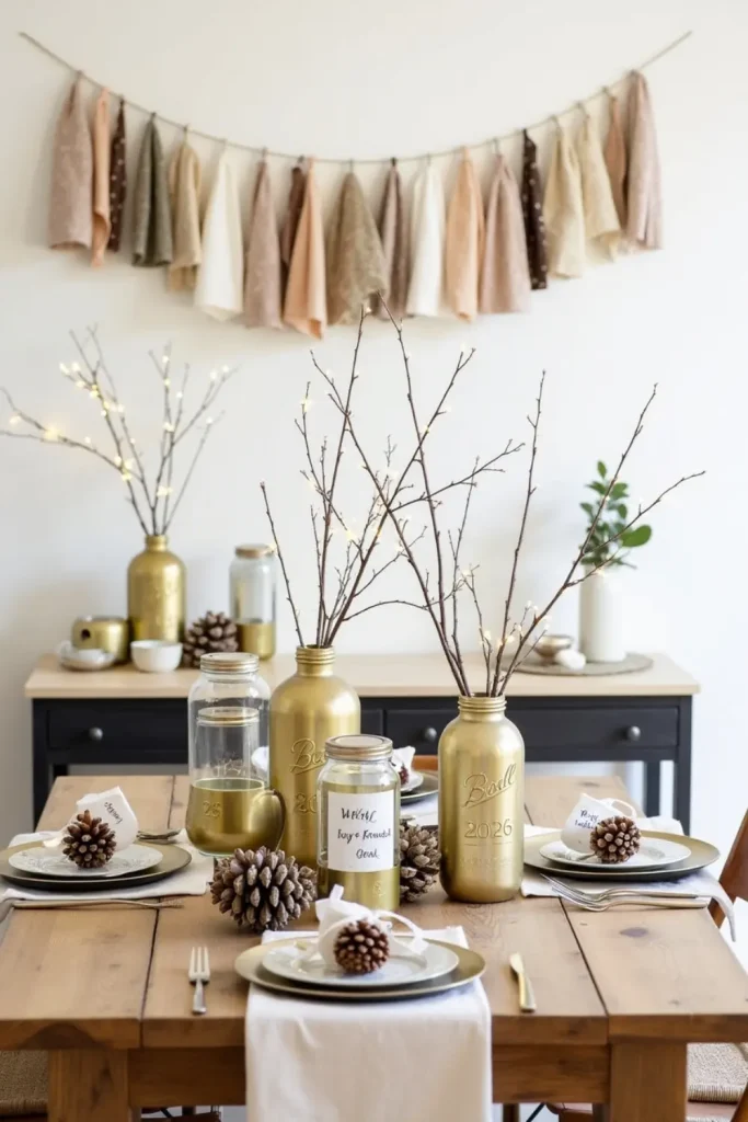 Eco-friendly New Year’s table with pinecones, jars, wish notes, fabric banner, and natural branches.