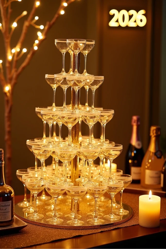 Elegant New Year’s Eve champagne tower with gold-rimmed flutes, fairy lights, glitter, and 2026 vibe.”