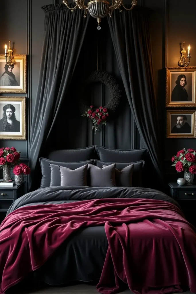 Elegant Gothic bedroom with velvet canopy bed, antique gold frames, and refined spooky Halloween touches.