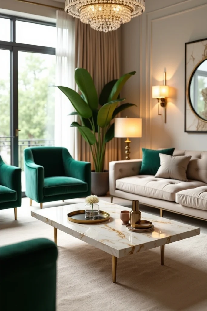 Modern glam living room with marble coffee table, gold accents, velvet chairs, and warm lighting.