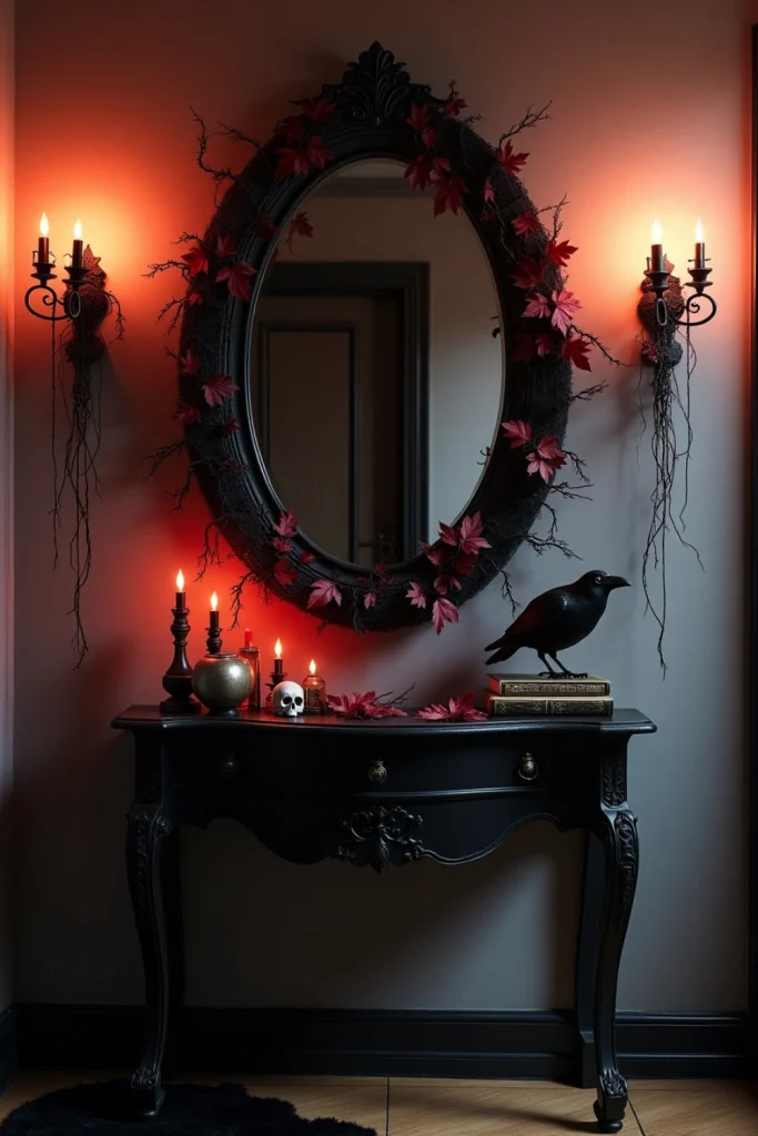 Halloween mirror with black vines, skulls, and red glow above console of potions, candles, and crow.Ask ChatGPT