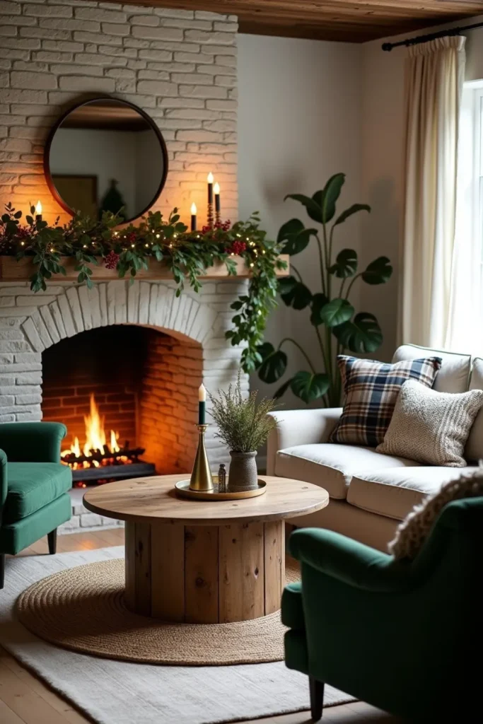 Rustic mantel with eucalyptus and holly garland, warm lights, cozy sofa, and festive holiday decor.