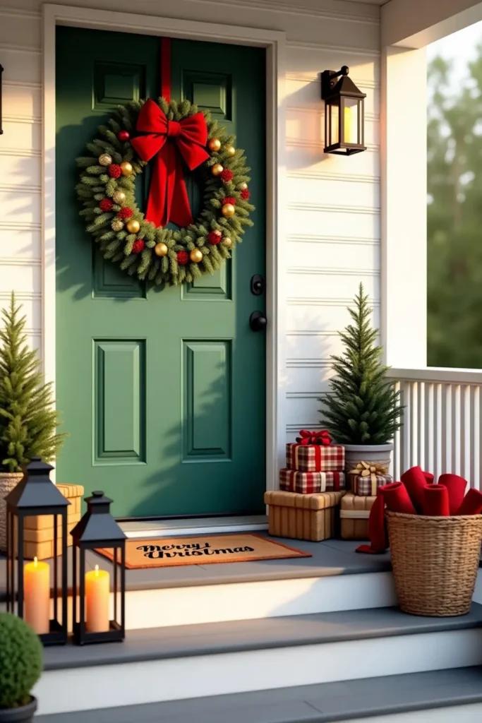 Festive porch with bold wreath, lantern-lined steps, gift boxes, and a Merry Christmas doormat.