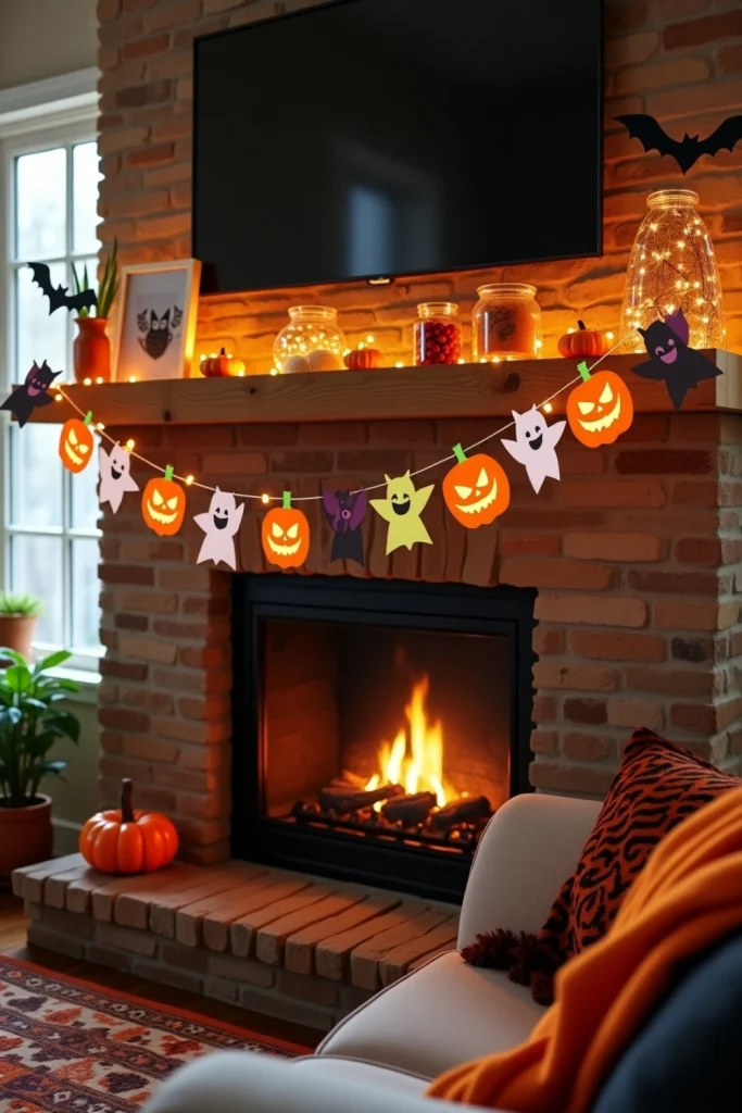"Handmade Halloween garland with pumpkins, ghosts, and bats glowing with fairy lights on a mantel."