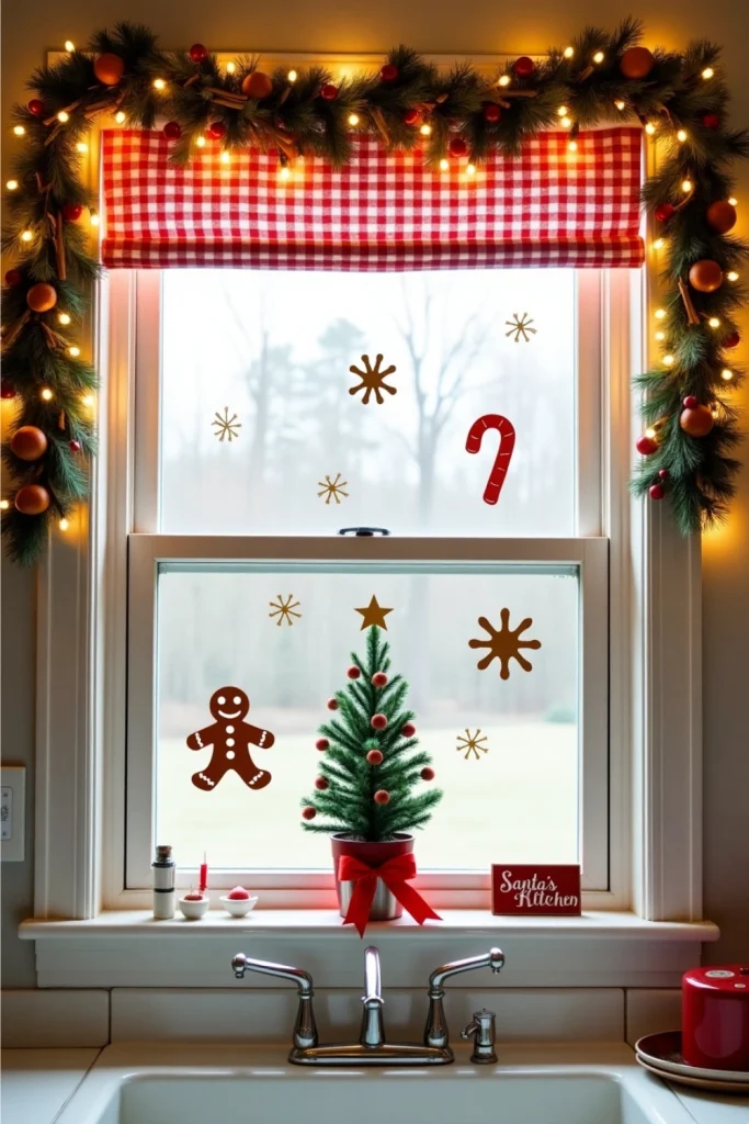 Christmas kitchen window with festive garland, tree, gingerbread clings, and gingham curtains.