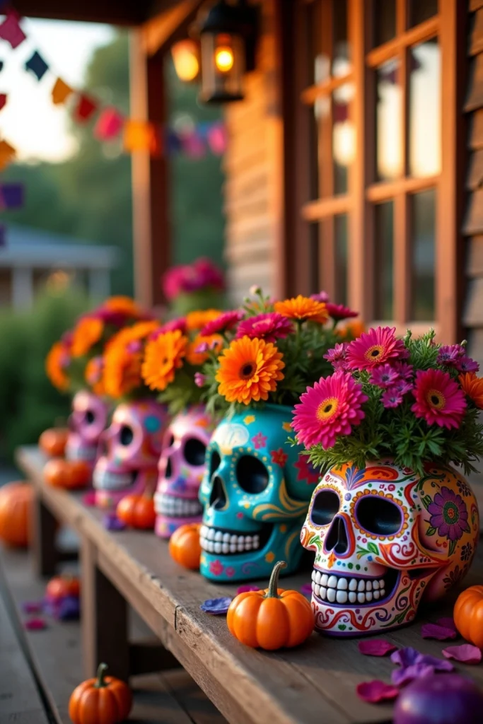Colorful sugar skull planters filled with marigolds on a porch, with papel picado and festive decor.