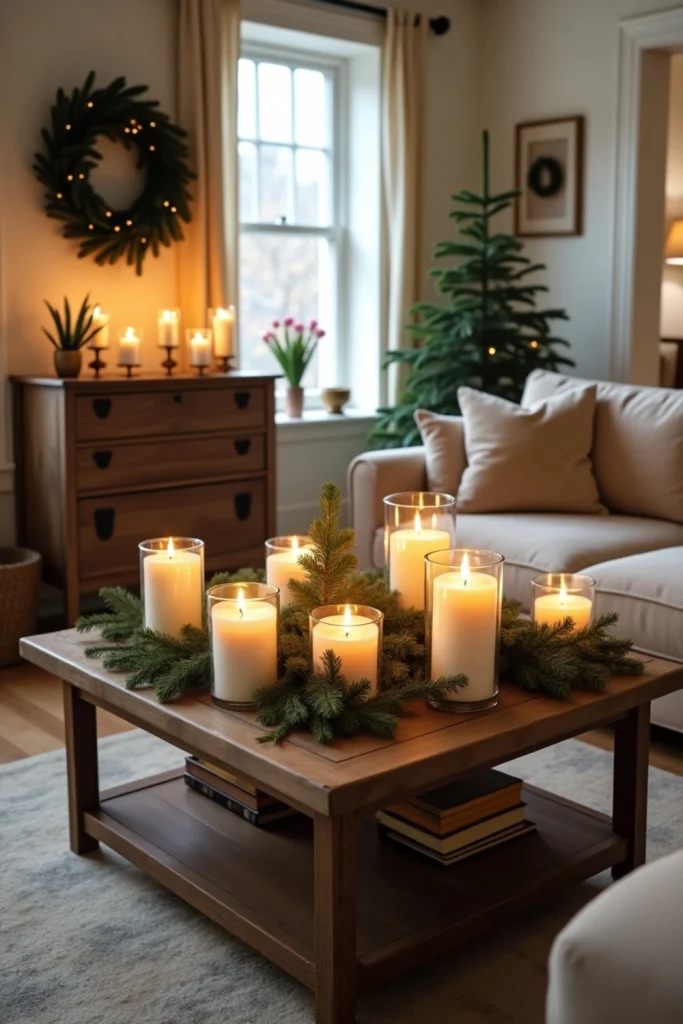 Rustic coffee table with pine and cinnamon candles, warm glow, and cozy Christmas living room style