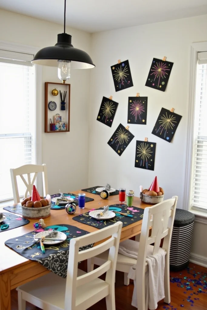 : Kids’ metallic fireworks art on black cardstock, framed for festive New Year’s wall décor.