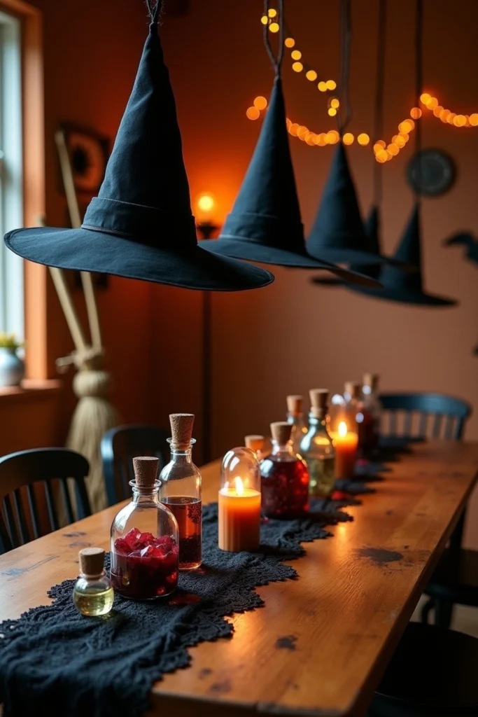 Floating black witch hats over a lace-covered table with brooms and candles in a magical party room.