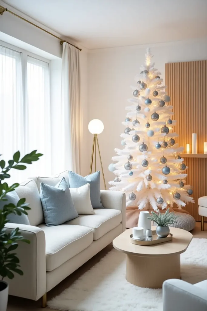 Elegant flocked Christmas tree with icy blue, silver, and champagne tones in a bright minimalist room.