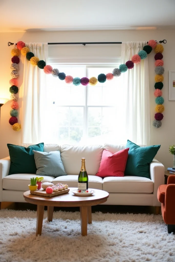 Metallic yarn pom-pom garlands with fairy lights draped across a window for festive New Year décor.