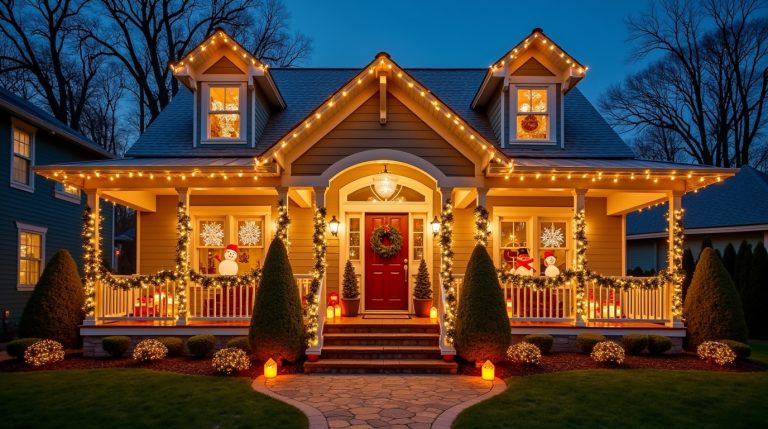 Holiday home glowing with layered lights, inflatables, and DIY crafts, blending classic and modern charm.
