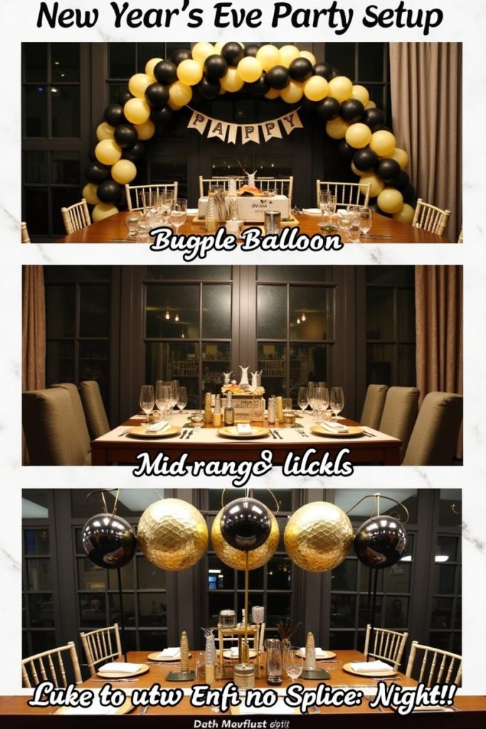 Three New Year’s Eve setups—budget balloon arch, mid-range lights, luxe layered party décor.