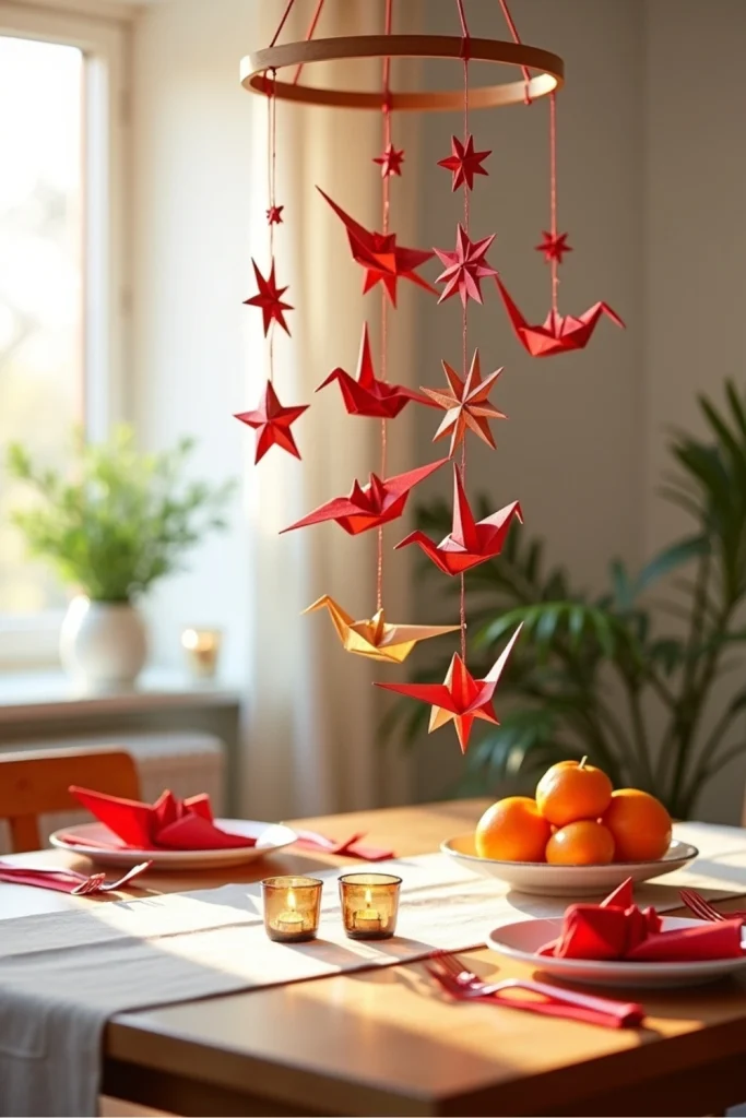 Red and gold origami stars and cranes hung as mobiles above dining table for Lunar New Year decor.