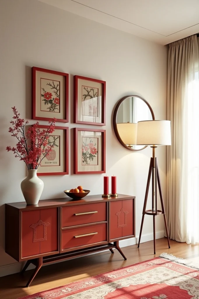 Red-framed Chinese art prints with bamboo and candles on console for classy Lunar New Year hallway decor.