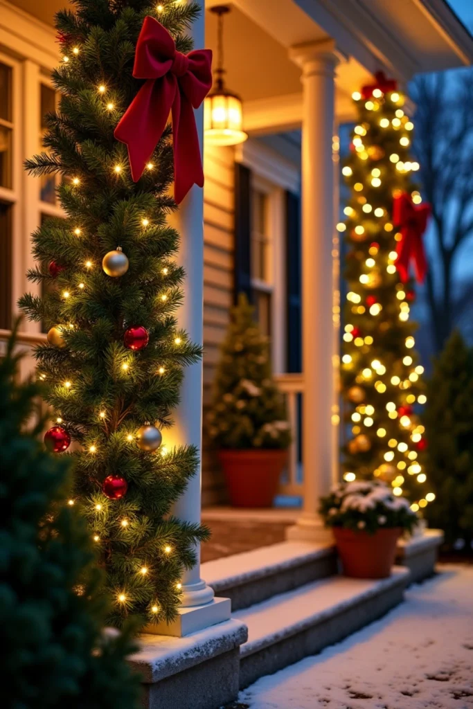 "Porch columns wrapped in lighted evergreen garlands with ornaments, creating a festive holiday entrance."