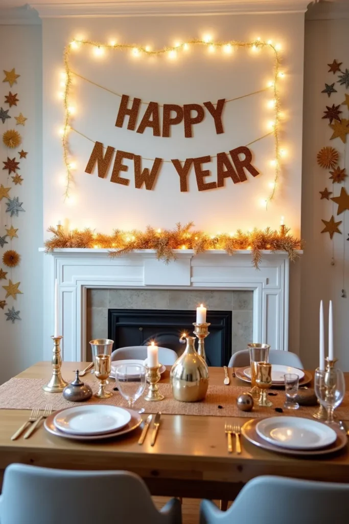 New Year’s Eve dining room with tinsel garlands, glitter banner, and eco-friendly paper star garlands.