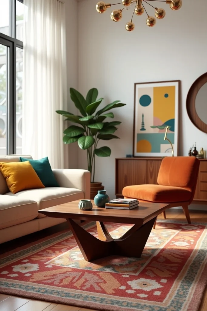 Mid-century modern living room with geometric walnut coffee table, bold rug, and retro accent decor.