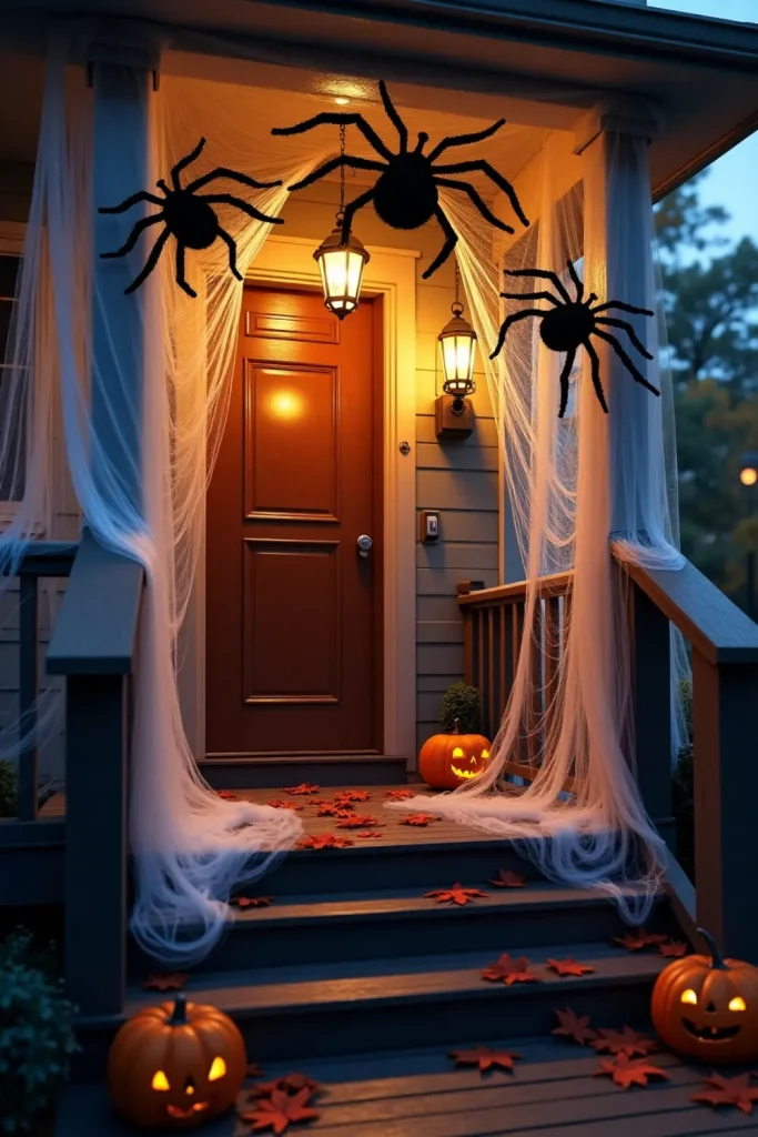 Porch draped in thick spider webs with giant spiders, lantern glow, and scattered autumn leaves.