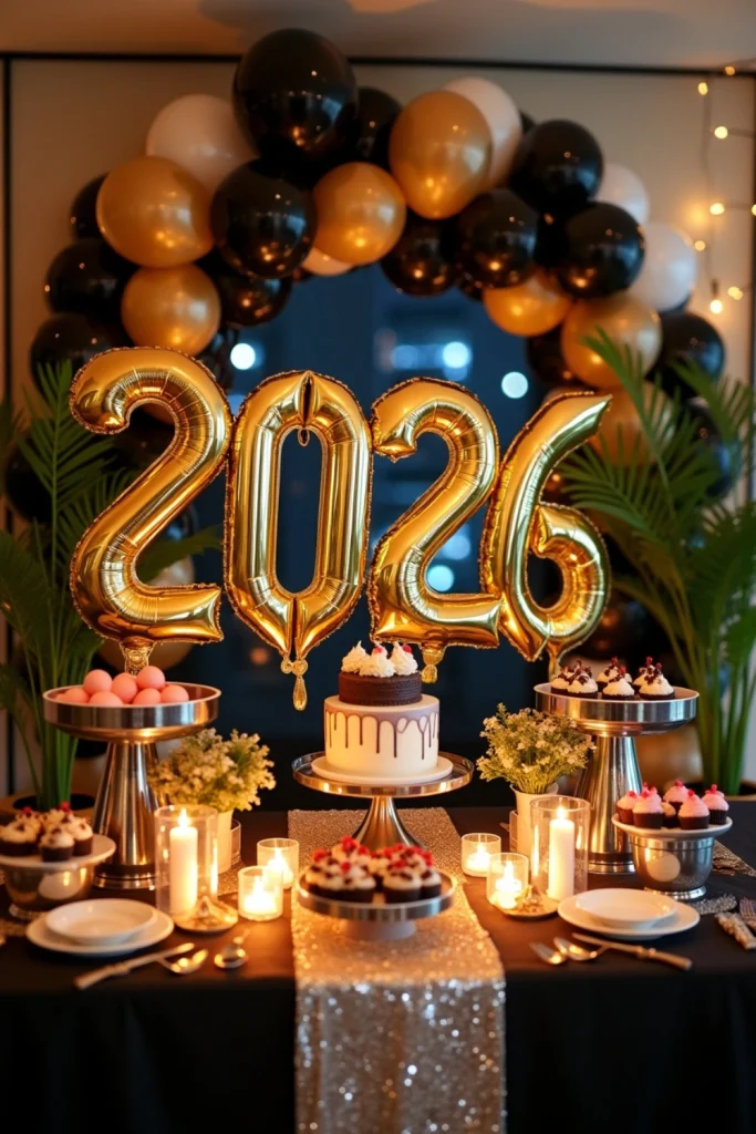 “Gold and silver balloon arch with 2026 balloons, candles, and table setup for New Year’s Eve backdrop.”