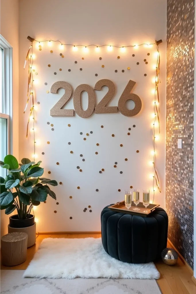 Glittery confetti wall with “2026” cutouts, fairy lights, and chic NYE photo booth setup.