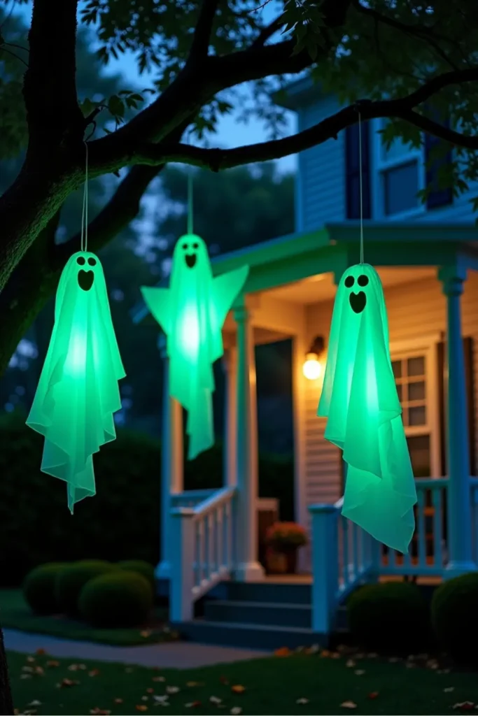 Glow-in-the-dark ghost sheets hanging from trees and porch, glowing softly for magical Halloween night charm.