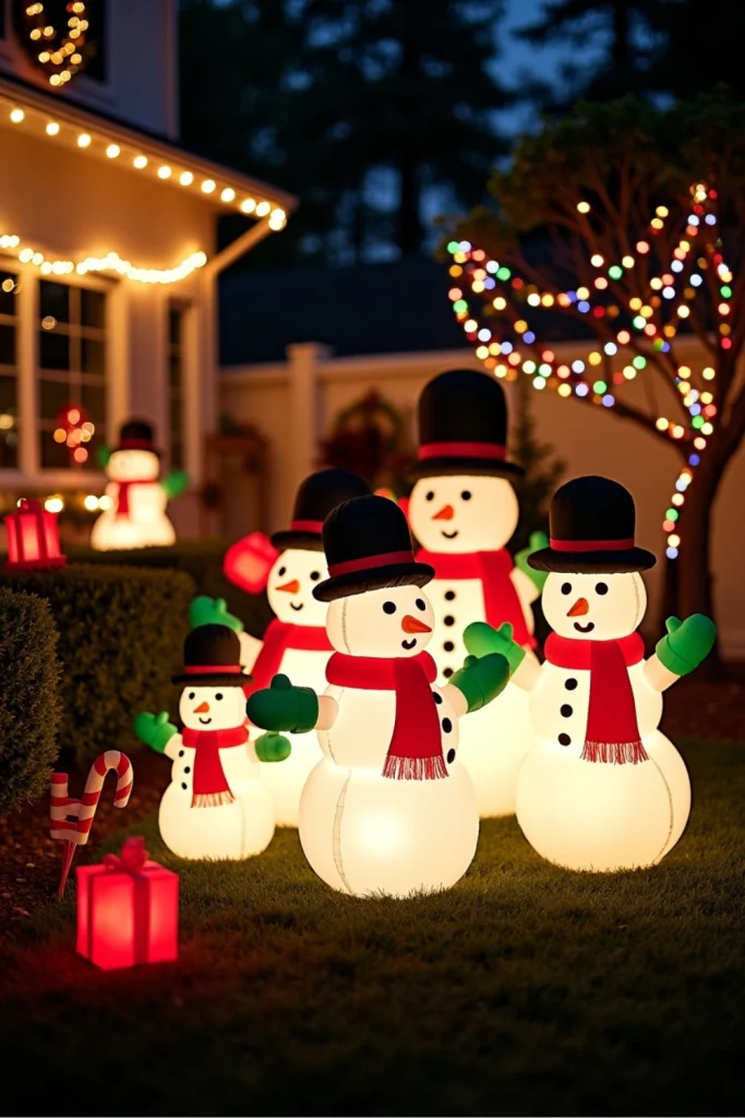 Playful yard display with glowing inflatable snowmen and string lights, cheerful holiday family décor.