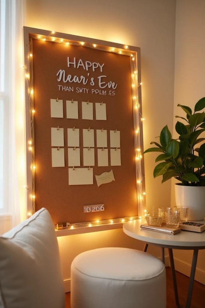 Corkboard with gold ribbon, fairy lights, and goal cards for guests to share 2026 New Year’s resolutions.