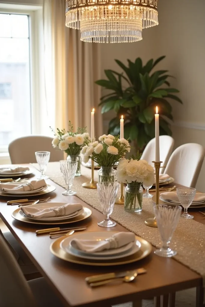 Gold and silver New Year’s Eve table with glittery runner, candles, and elegant festive place settings.