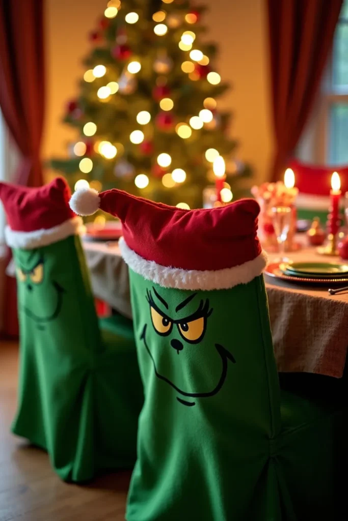 "Dining chairs with green Grinch slipcovers and Santa hat tops in a festive holiday dining setup."