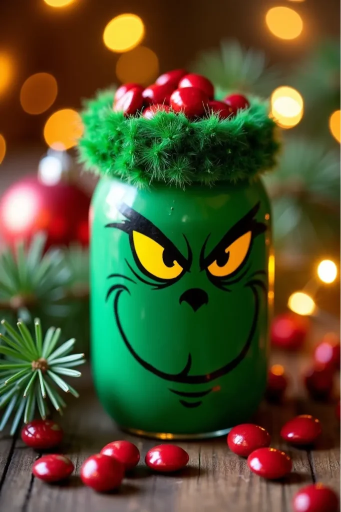 "Green Grinch face candy jar with yellow eyes, furry lid trim, and red candies as festive decor."