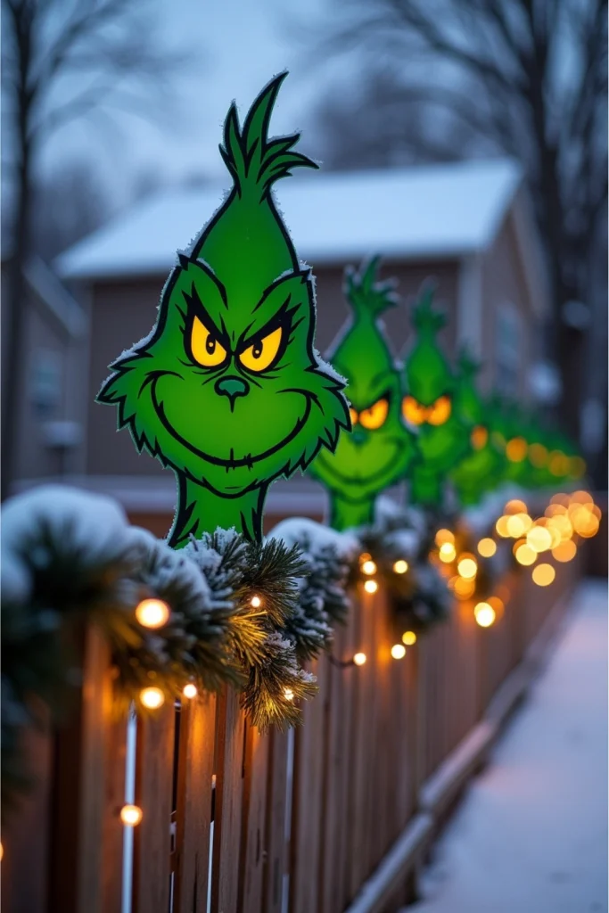 Grinch face cutouts peeking over a snowy fence with glowing yellow eyes, creating fun and mischievous Christmas yard decorations.