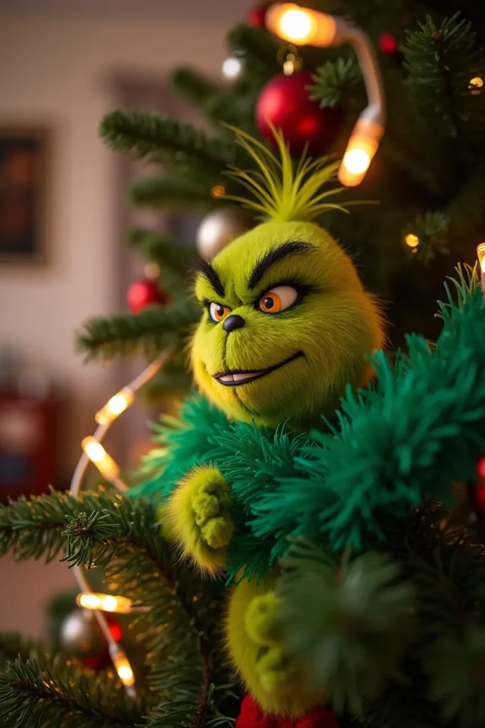 Christmas tree with a plush Grinch toy hidden among branches, holding fairy lights and wrapped in green tinsel for a playful holiday decoration.