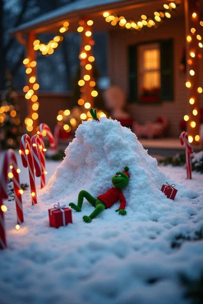 Car trunk decorated as the Grinch’s lair with green fabric, wrapped gift boxes, “Who Hash” candy cans, and Grinch decorations for a fun trunk-or-treat setup.