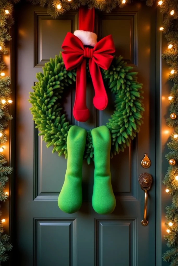"DIY Grinch wreath with stuffed green sock legs and Santa hat bow on a festive holiday front door."