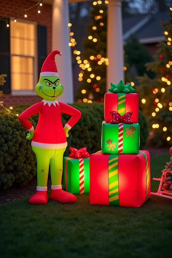 "Inflatable Grinch with wobbly stacked presents and sleigh in a festive Whoville-inspired yard scene."